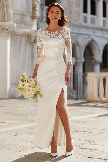 Ivory Sheath Appliqued Wedding Dress With Slit